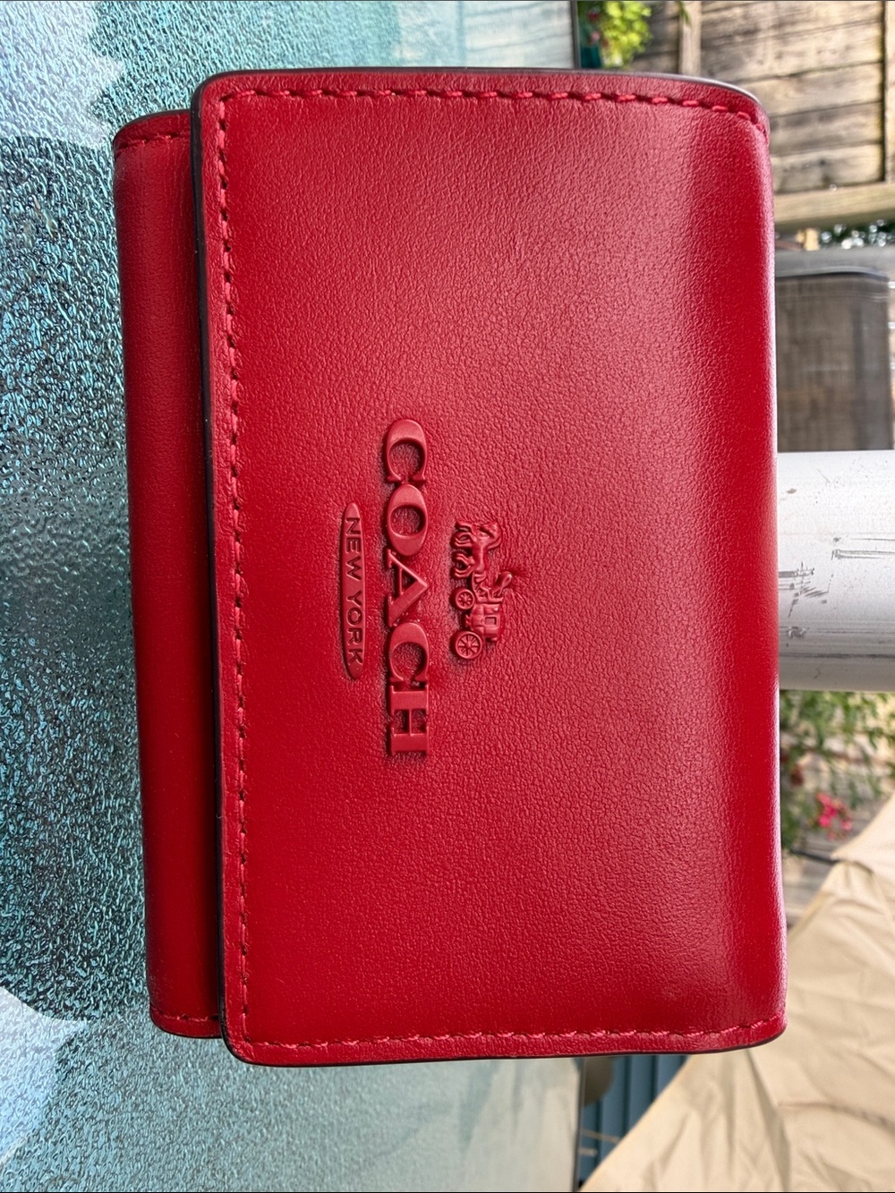 Coach Red Leather Compact Trifold Wallet
